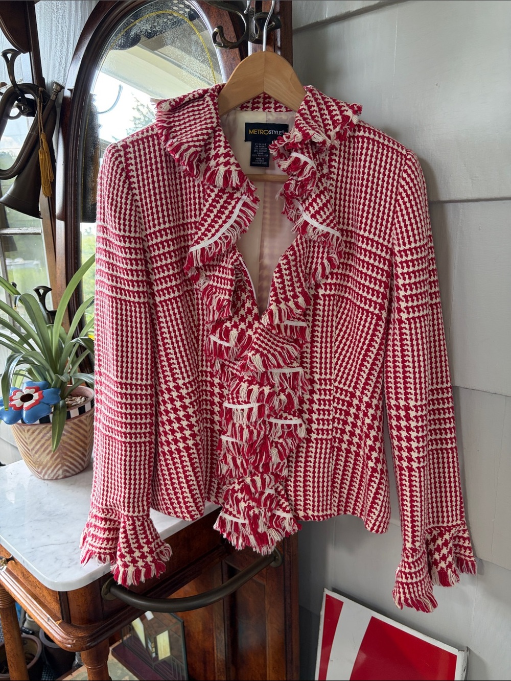 Vintage metrostyle Red & Ivory Fringed Ruffle Jacket Herringbone